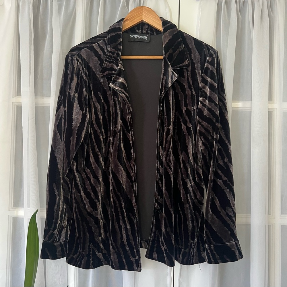 Sag Harbor Black Gray Zebra Velvet Blazer Topper Jacket Size Medium